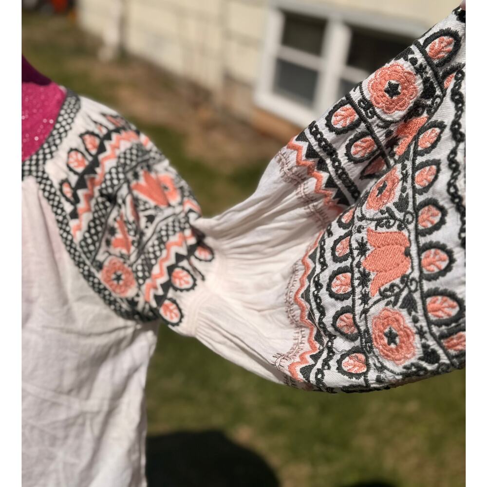 Boho embroidered peasant blouse creamballoon sleeve cottage bohemian top